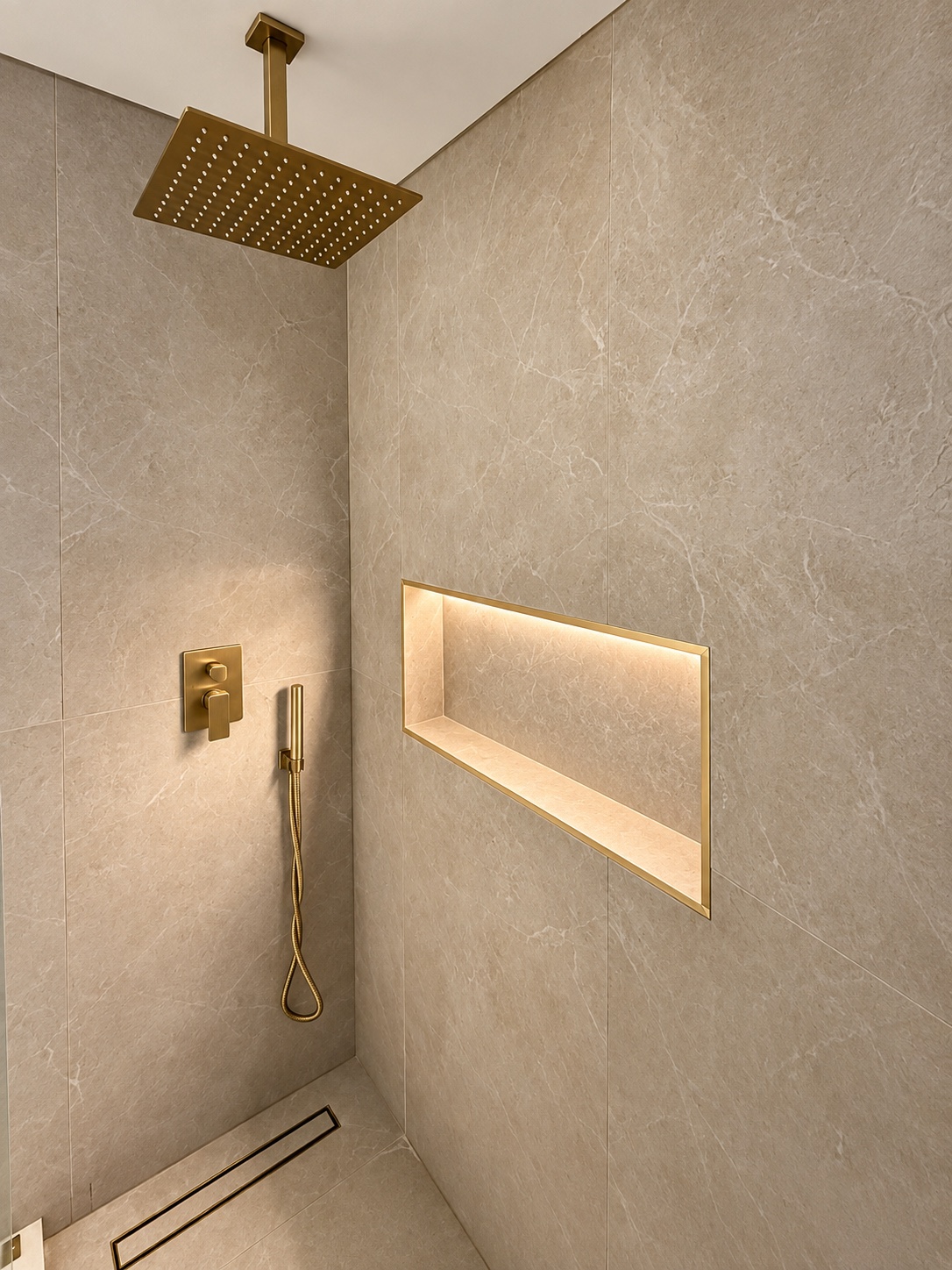 Walk-in shower with illuminated niche — Warm Stone Bath Retreat by Alpha Handyworks